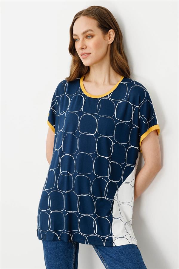 Kadın Yakası ve Kolu Sarı Bantlı Penye T-shirt Ekru/Laci