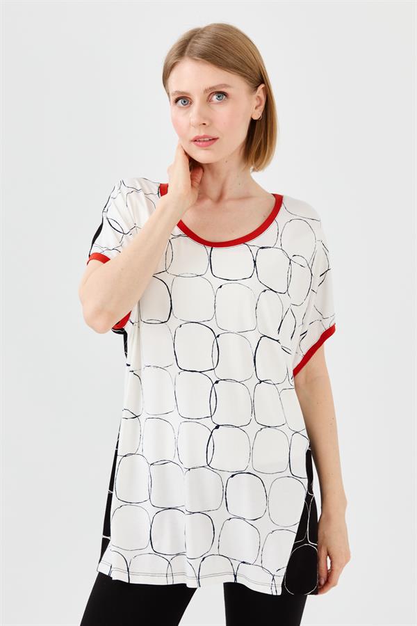 Kadın Yakası ve Kolu Sarı Bantlı Penye T-shirt Siyah/Ekru