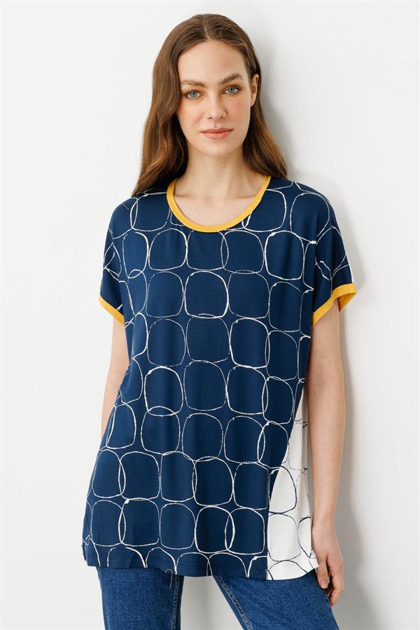 Kadın Yakası ve Kolu Sarı Bantlı Penye T-shirt Ekru/Laci