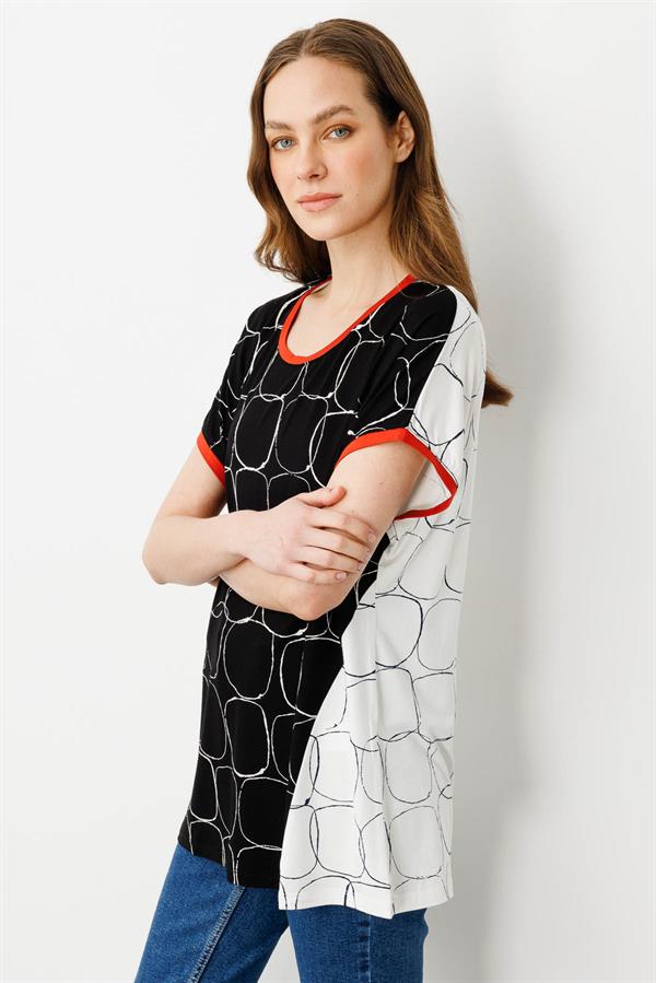 Kadın Yakası ve Kolu Sarı Bantlı Penye T-shirt Ekru/Siyah