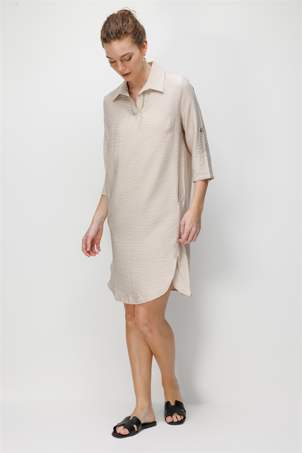 Kadın Yakası Yaldız İşlemeli Elbise Bej