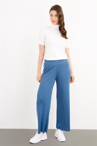 Kadın Yanı Şeritli Triko Bayan Pantolon İndigo