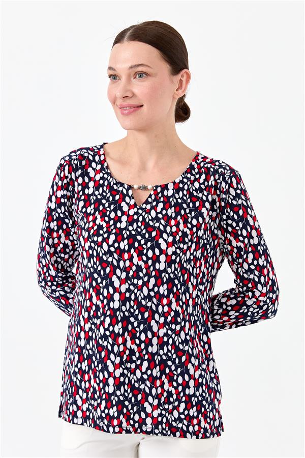 Женская хлопковая блуза с рисунком листья темно синяя