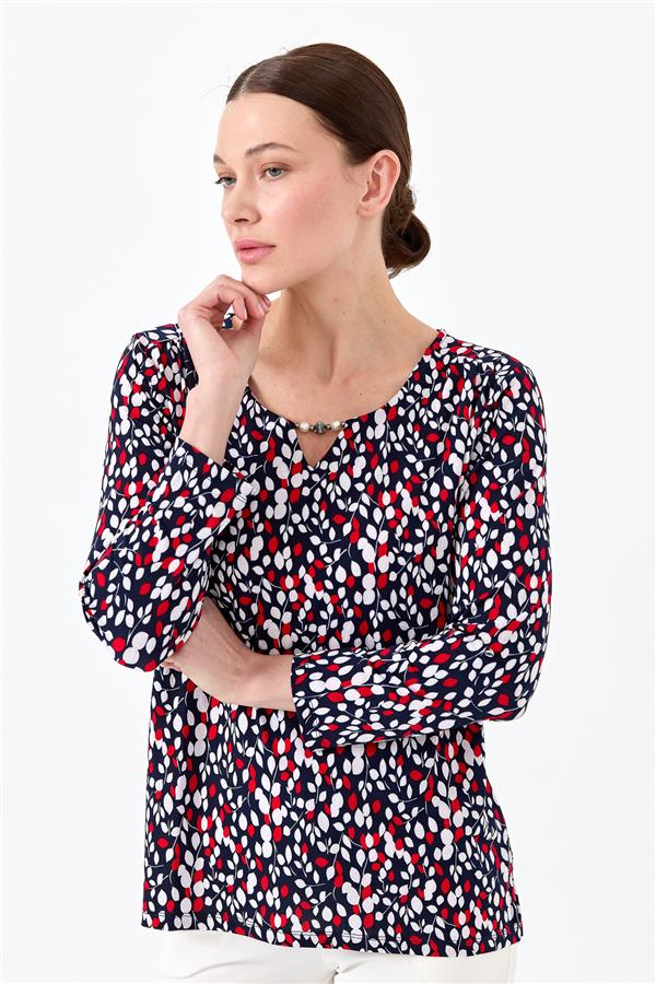 Женская хлопковая блуза с рисунком листья темно синяя