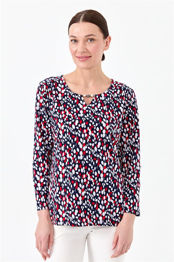 Женская хлопковая блуза с рисунком листья темно синяя