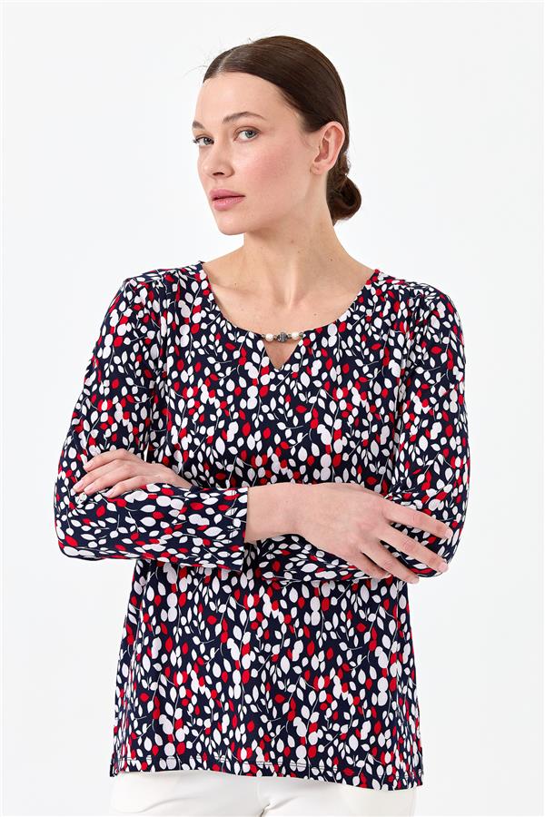 Женская хлопковая блуза с рисунком листья темно синяя