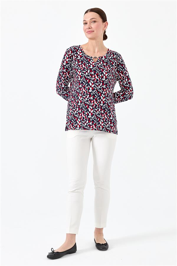 Женская хлопковая блуза с рисунком листья темно синяя