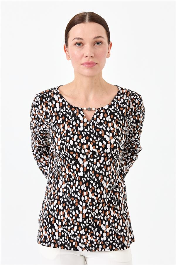 Женская хлопковая блуза с рисунком листья черная