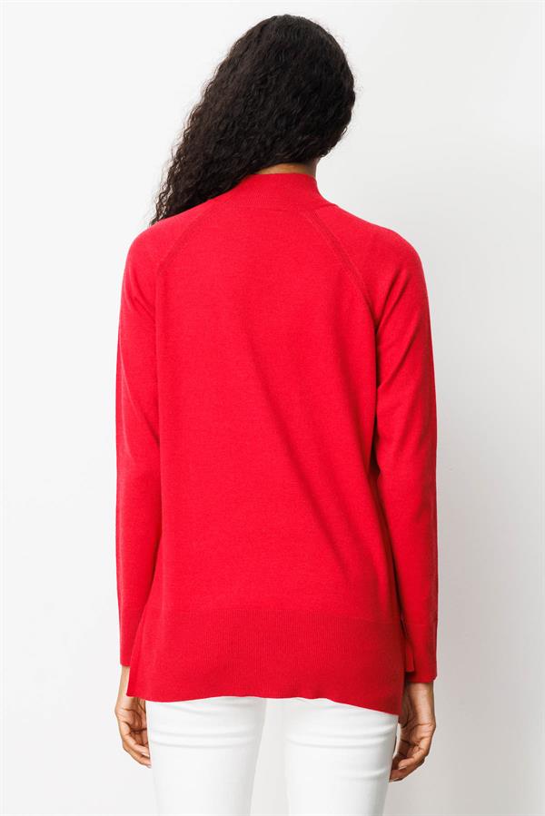 Kadın Yarım Balıkçı Yaka Kolları Yırtmaçlı Basic Kazak K.Kırmızı