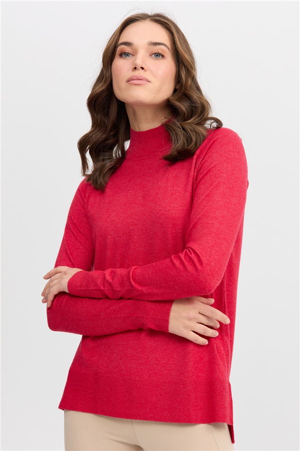 Женский свитер с высоким воротом и разрезами на рукавах, красный 