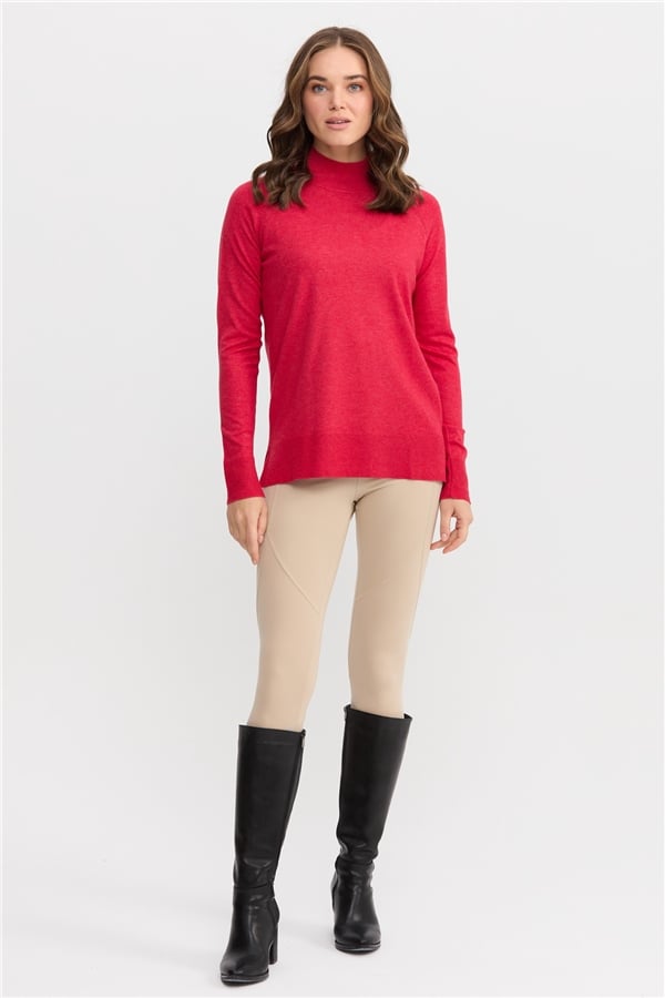 Женский свитер с высоким воротом и разрезами на рукавах, красный 