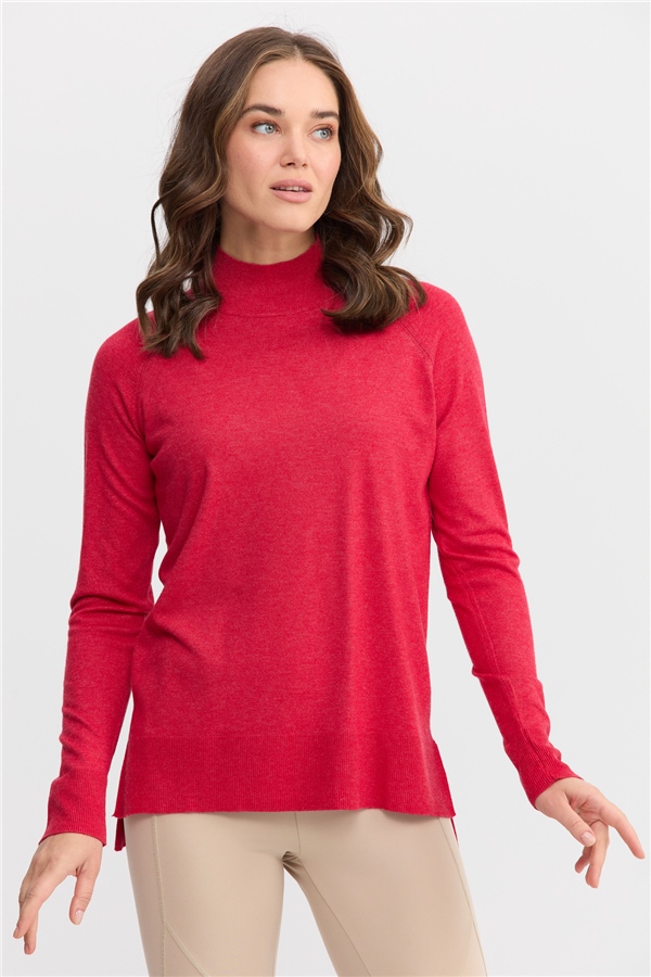 Женский свитер с высоким воротом и разрезами на рукавах, красный 