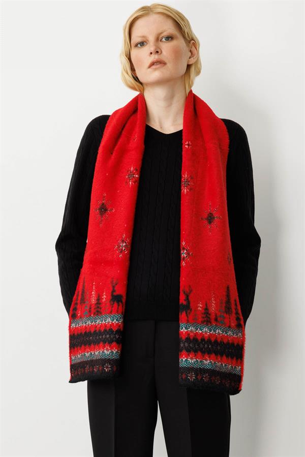 Kadın Yılbaşı Desenli Triko Kaşkol Kırmızı