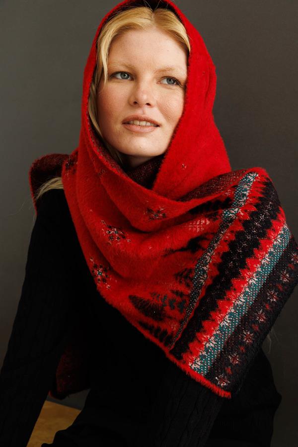 Kadın Yılbaşı Desenli Triko Kaşkol Kırmızı