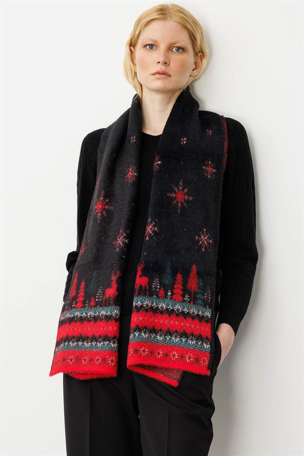 Kadın Yılbaşı Desenli Triko Kaşkol Siyah