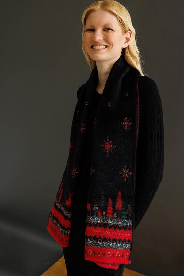 Kadın Yılbaşı Desenli Triko Kaşkol Siyah