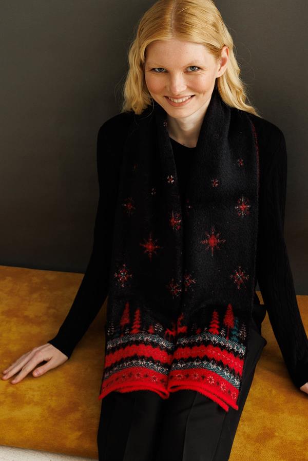 Kadın Yılbaşı Desenli Triko Kaşkol Siyah