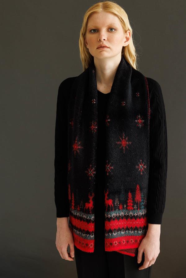 Kadın Yılbaşı Desenli Triko Kaşkol Siyah