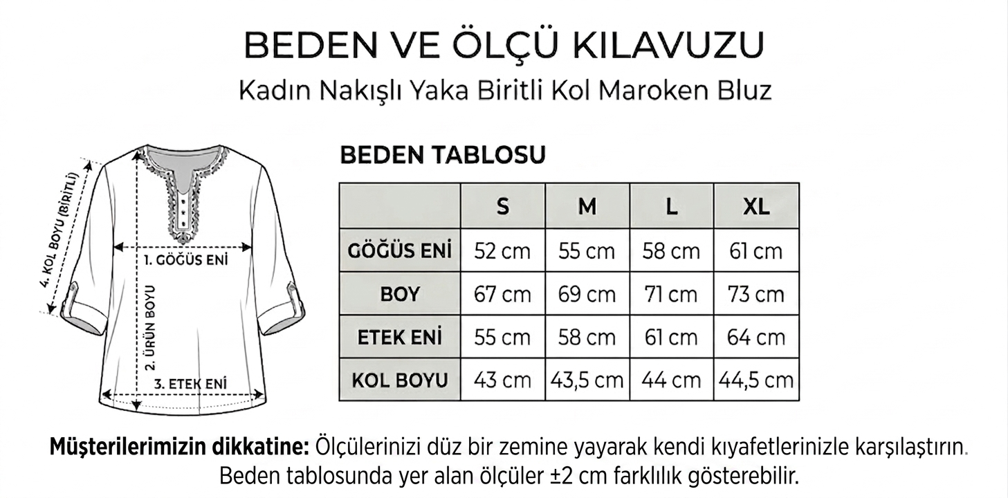 Kadın Nakışlı Yaka Biritli Kol Maroken Bluz Beden Tablosu
