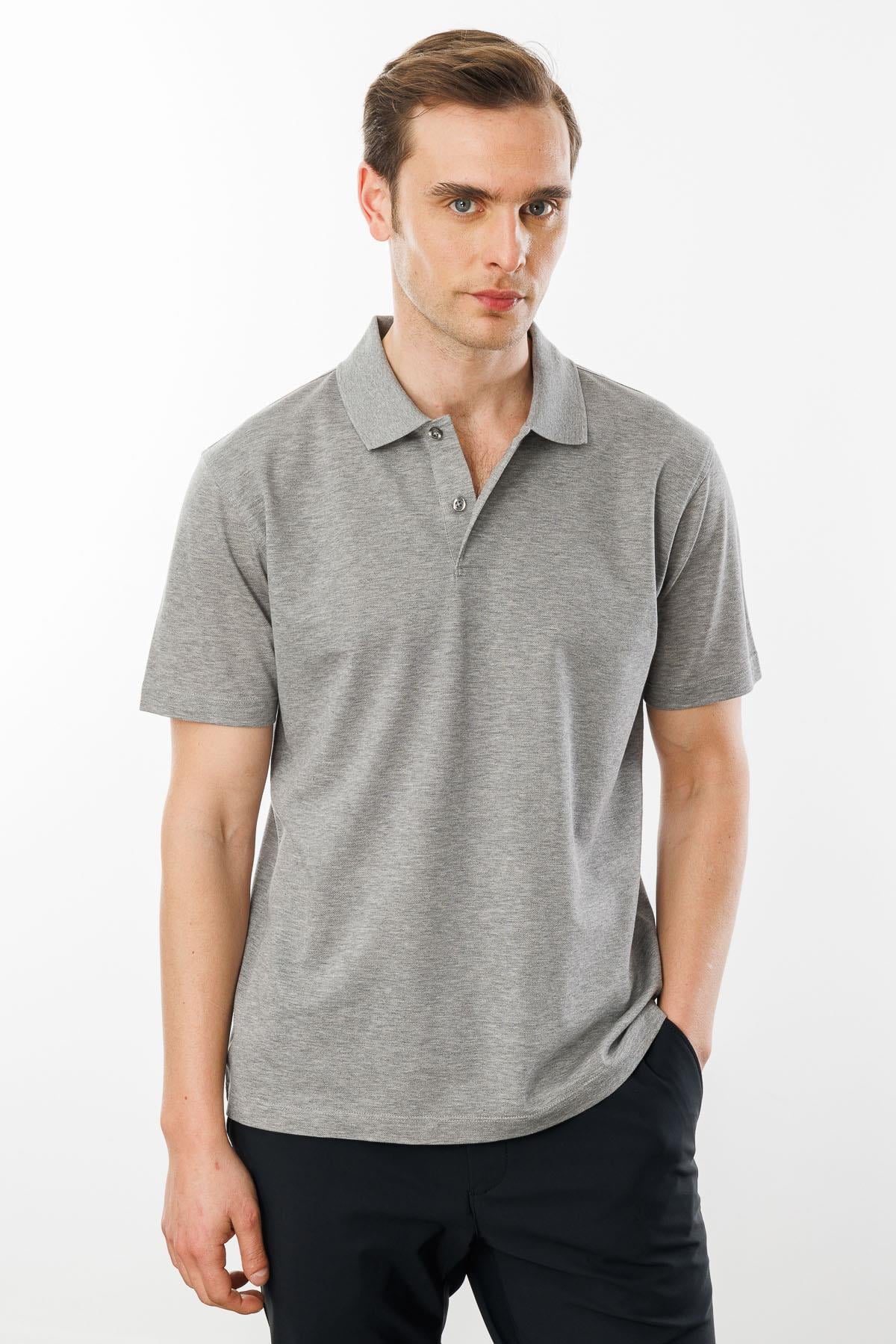 Erkek Polo Yaka Pike Merserize T-shirt Gri Melanj DESEN TRİKO