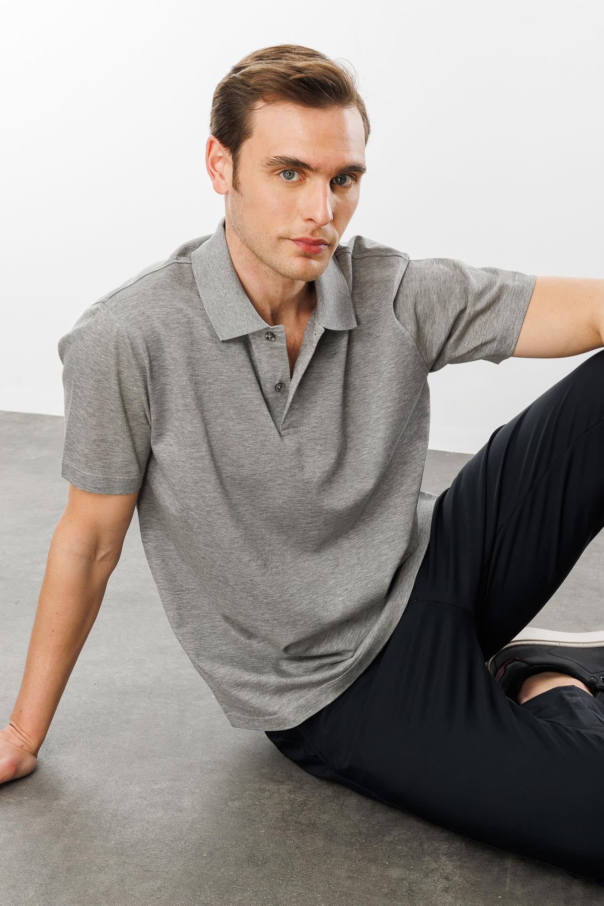Erkek Polo Yaka Pike Merserize T-shirt Gri Melanj DESEN TRİKO