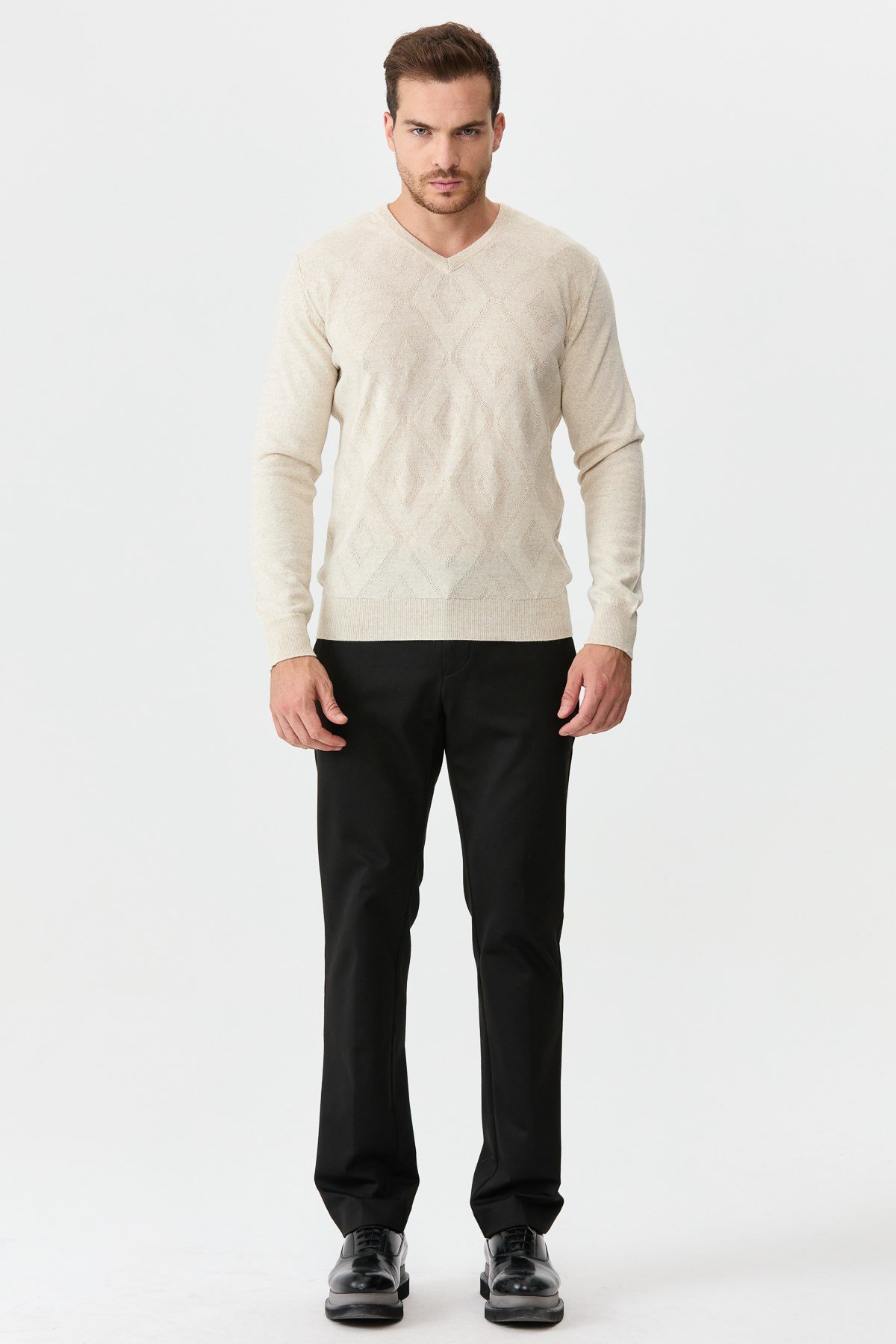 Men's V-Neck Checkered Sweater BeigeDesen Triko - Online Satış