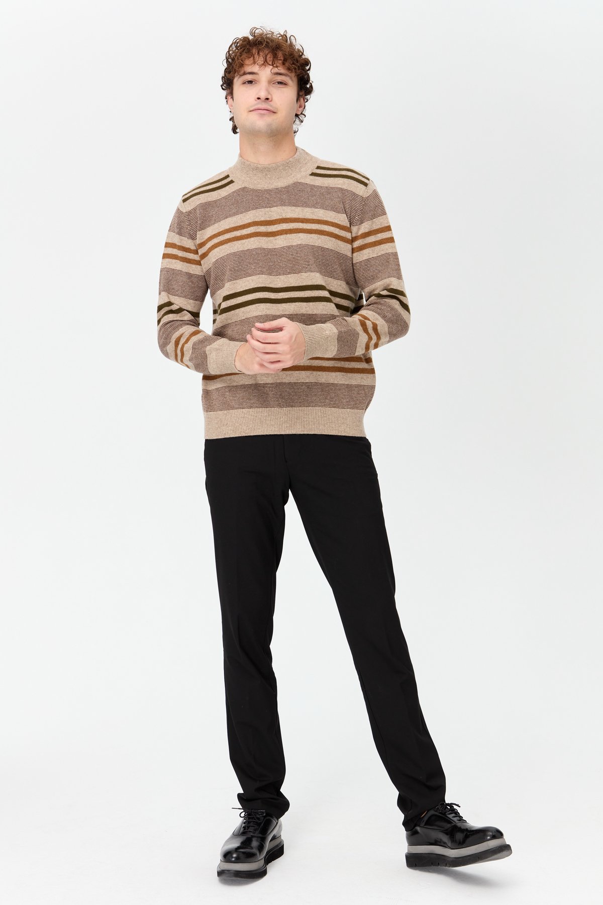 Men's Half Turtleneck Colored Striped Wool Sweater - Main Image