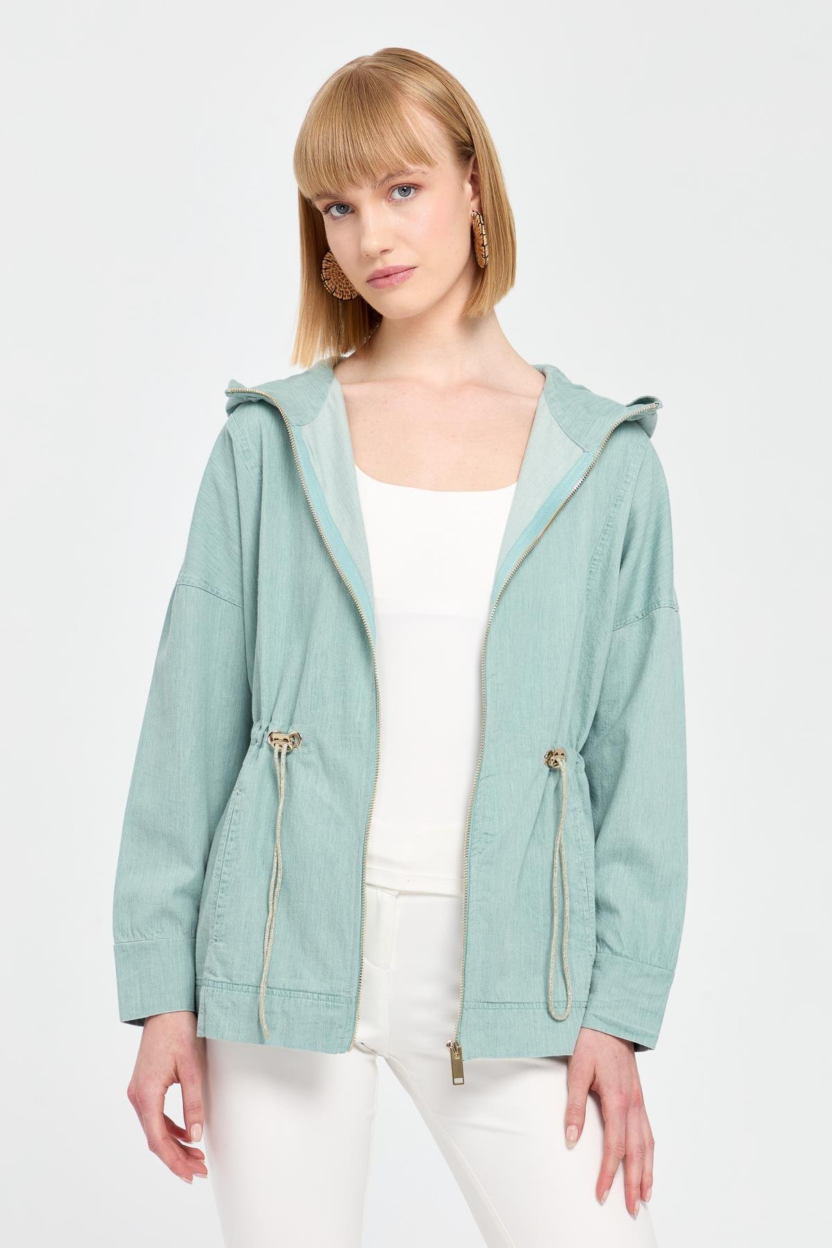 Women s Hooded Waist Tied 100 Cotton Jacket Sage