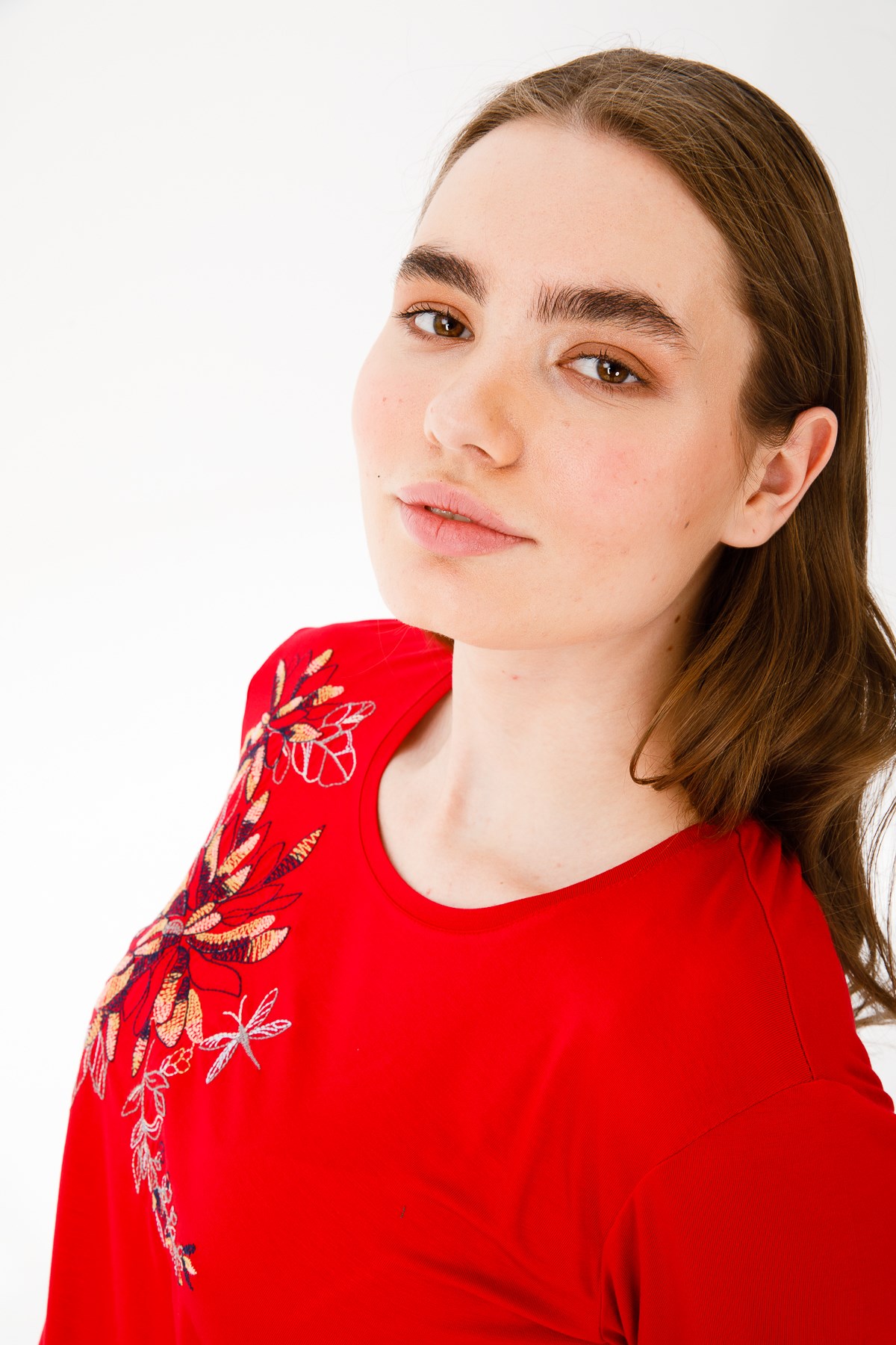 Kadın Sıfır Yaka Uzun Kol Çiçek Nakışlı Penye Bluz KırmızıDesen Triko -  Online Satış