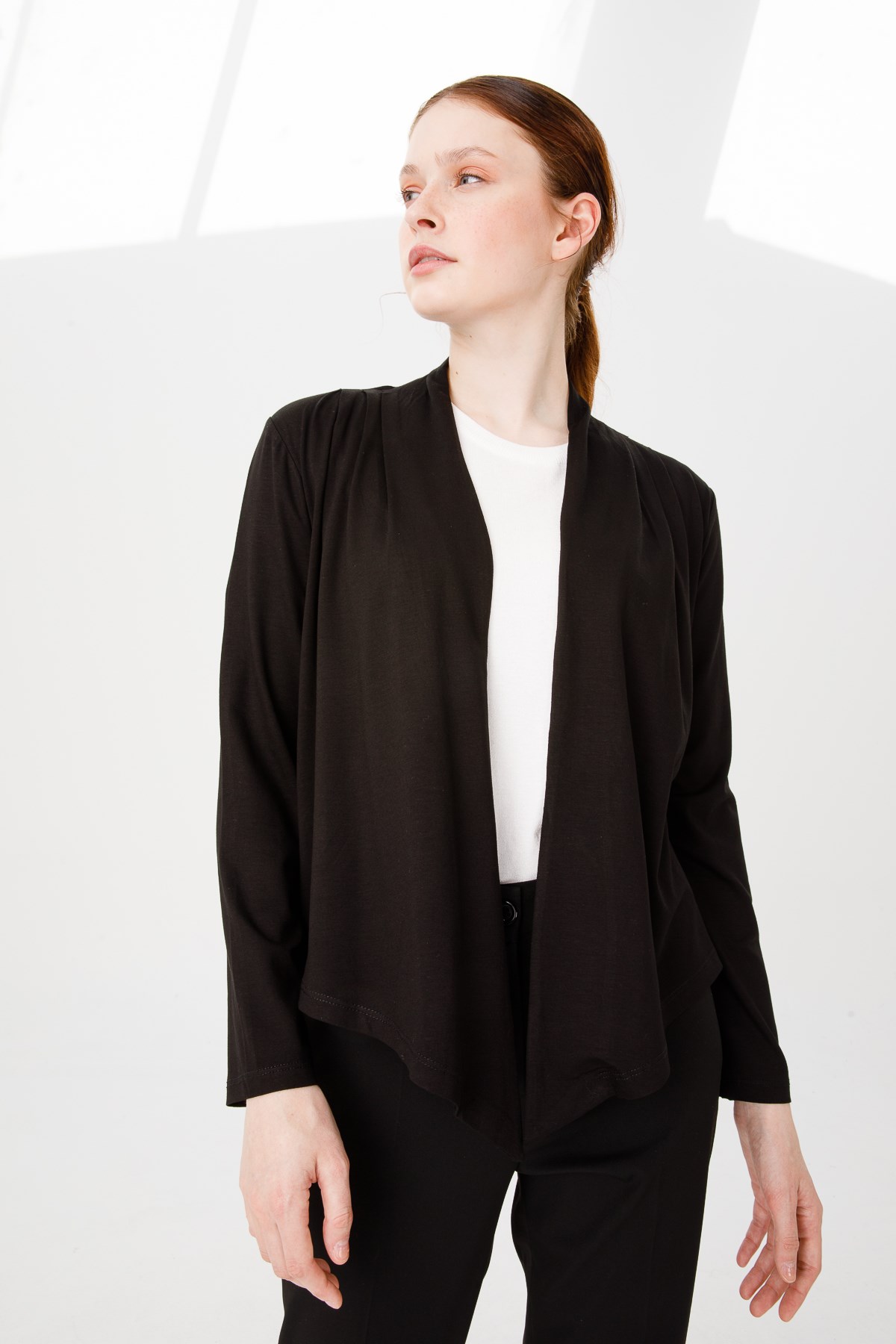 Kadın V Yaka Uzun Kol Beli Taşlı Kısa Penye Ceket SiyahDesen Triko - Online  Satış