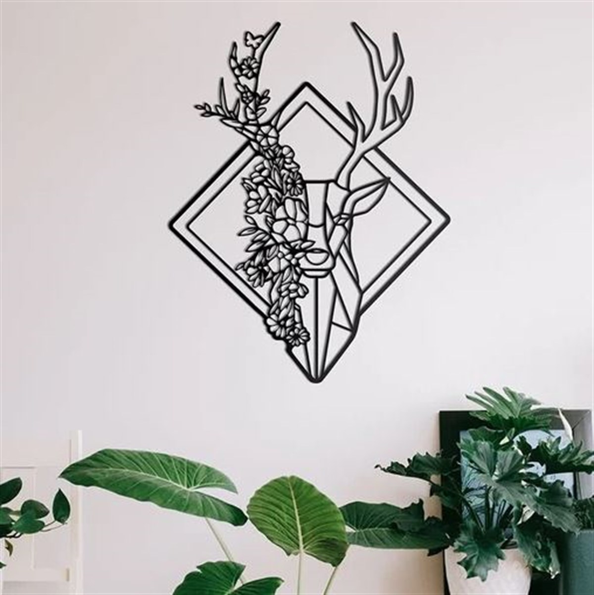 Floral Deer Décoration Murale en Métal