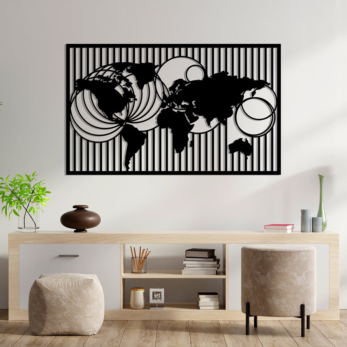 Meridian World Map Décoration Murale en Métal