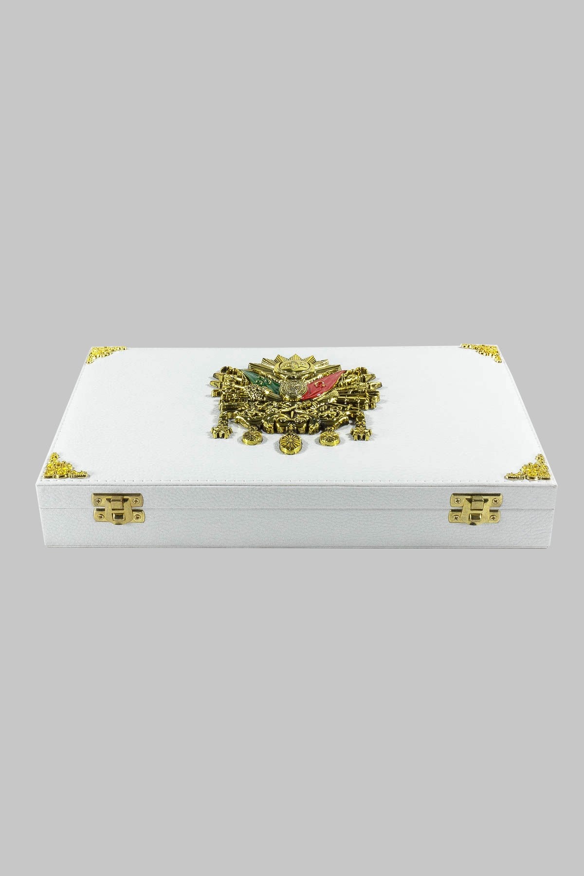 Beyaz Renk Osmanlı Devlet Armalı Geniş Deri Tesbih Kutusu