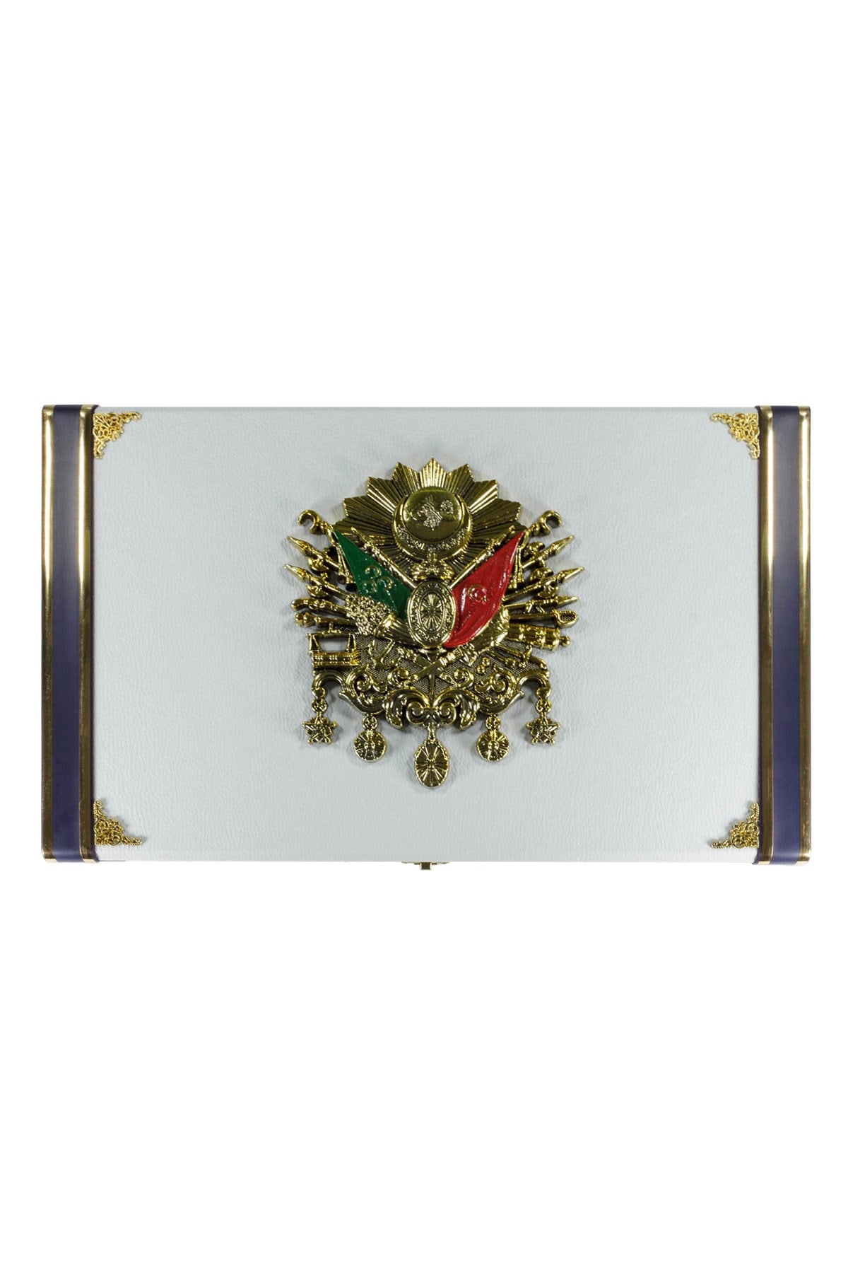 Beyaz Renk Koleksiyonluk 14'lü Yatay Osmanlı Devlet Armalı Deri Tesbih Kutusu