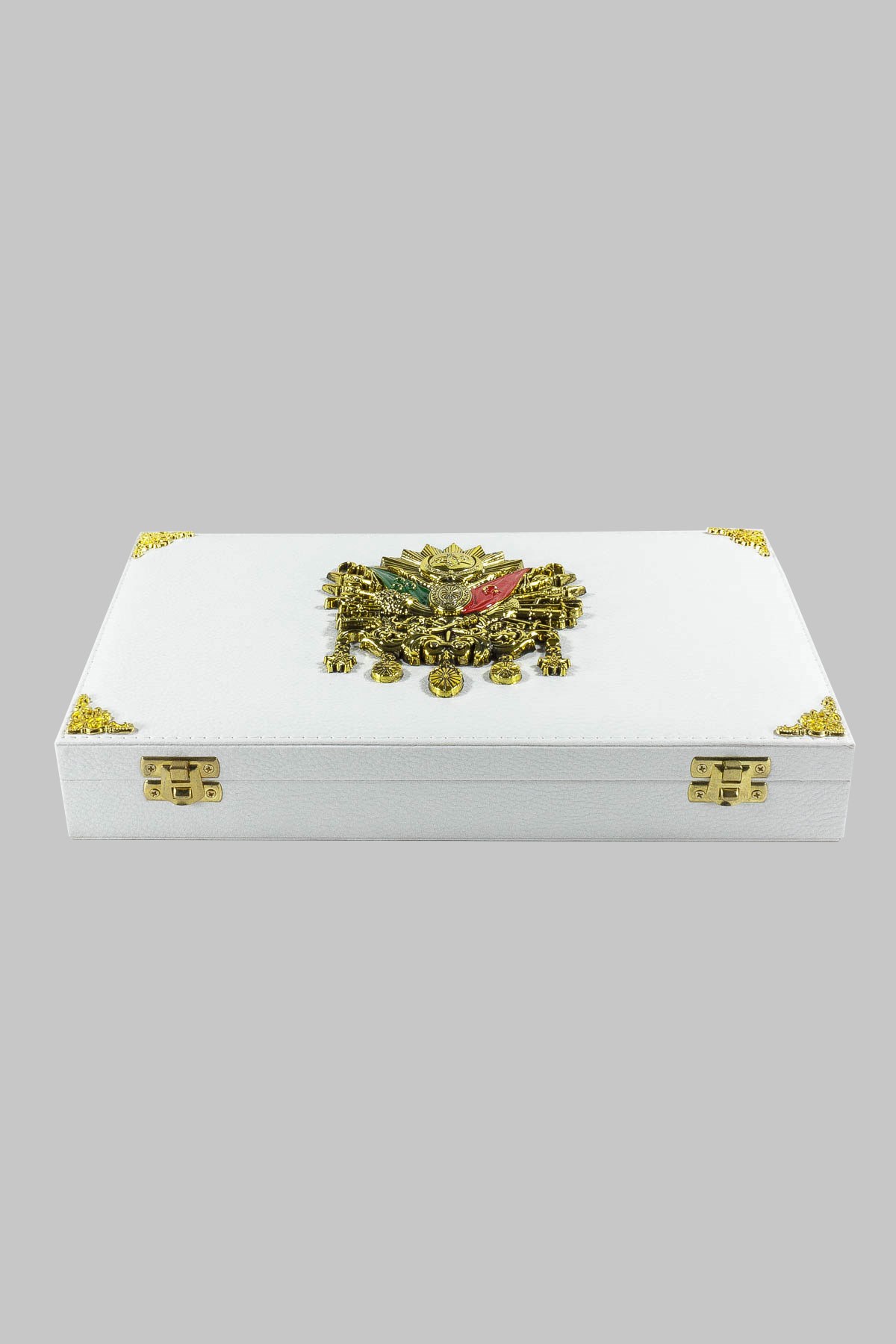 Beyaz Renk Osmanlı Devlet Armalı Geniş Deri Tesbih Kutusu