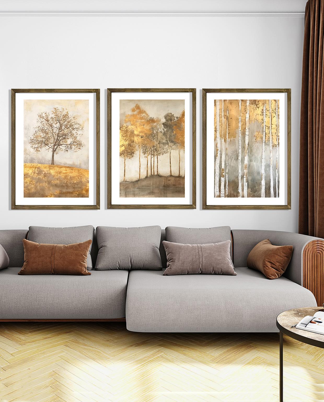 Altın Ağaçlar Çerçeveli Tablo Set 