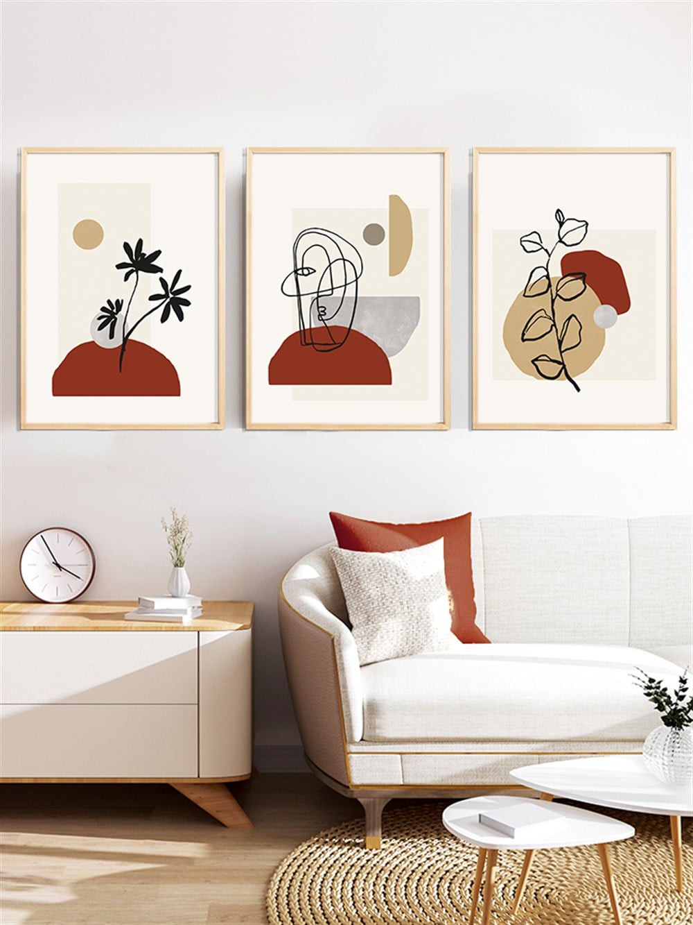 Line Art Çiçekler ve Soyut Desenler Çerçeveli Tablo Set