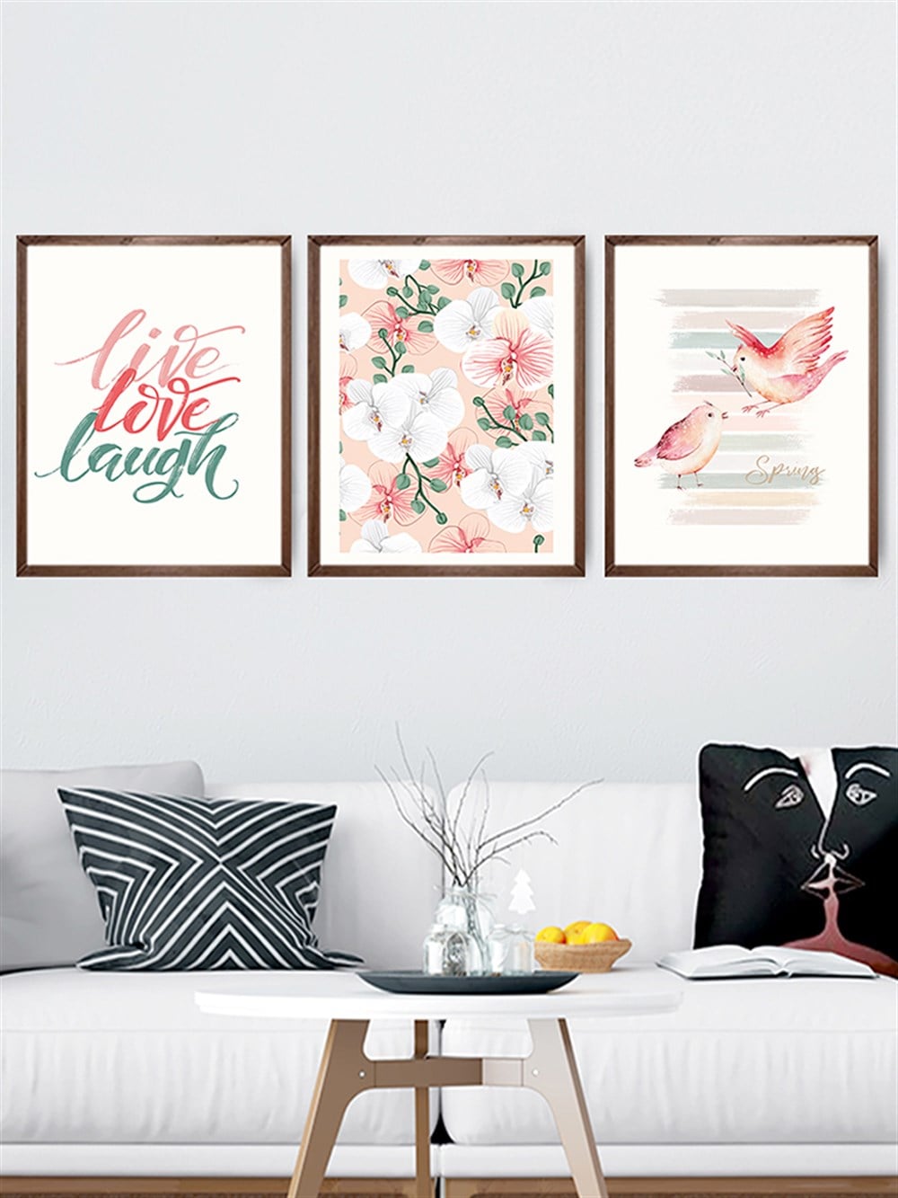 Pembe Çiçek ve Kuşlar Çerçeveli Tablo Set