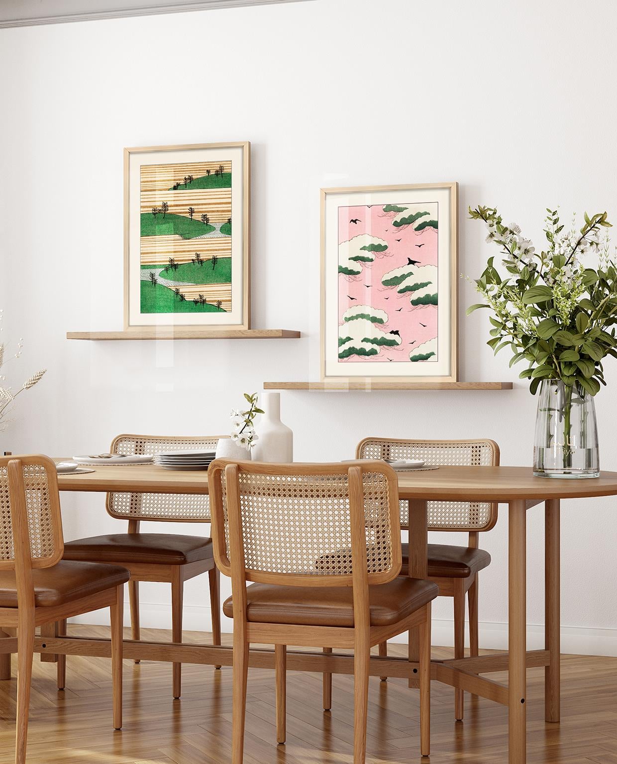 Pembe Gökyüzü Yeşil Arazi Çerçeveli Tablo Set