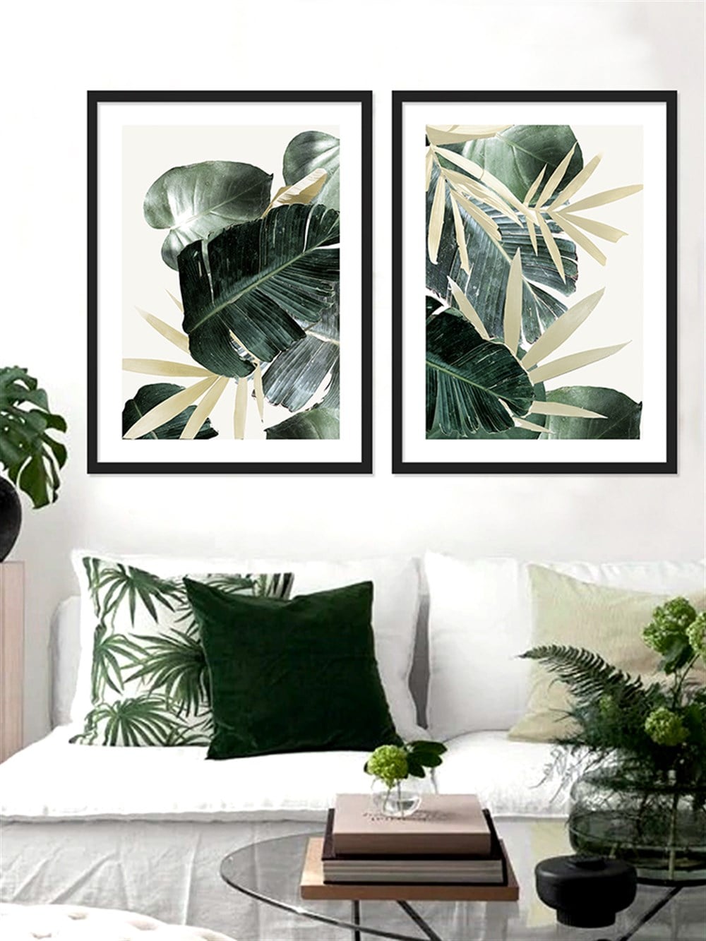 Banana Palm ve Gold Yapraklar Çerçeveli Tablo Set