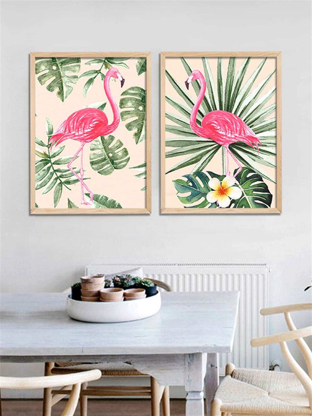 Flamingo ve Tropikal Yapraklar Çerçeveli Tablo Set