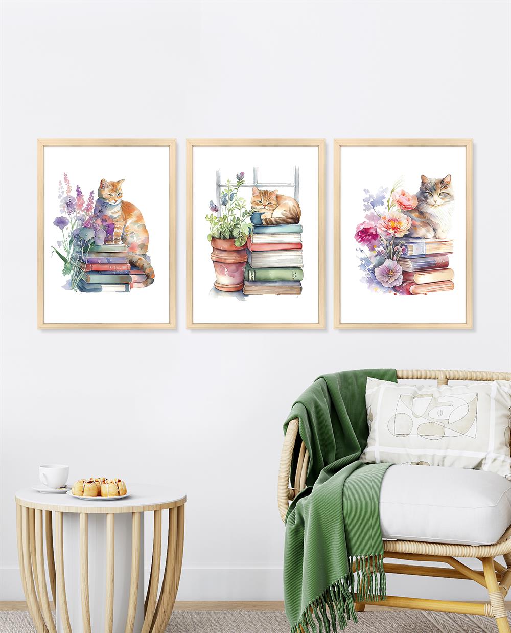 Kitaplar ve Kediler Çerçeveli Tablo Set