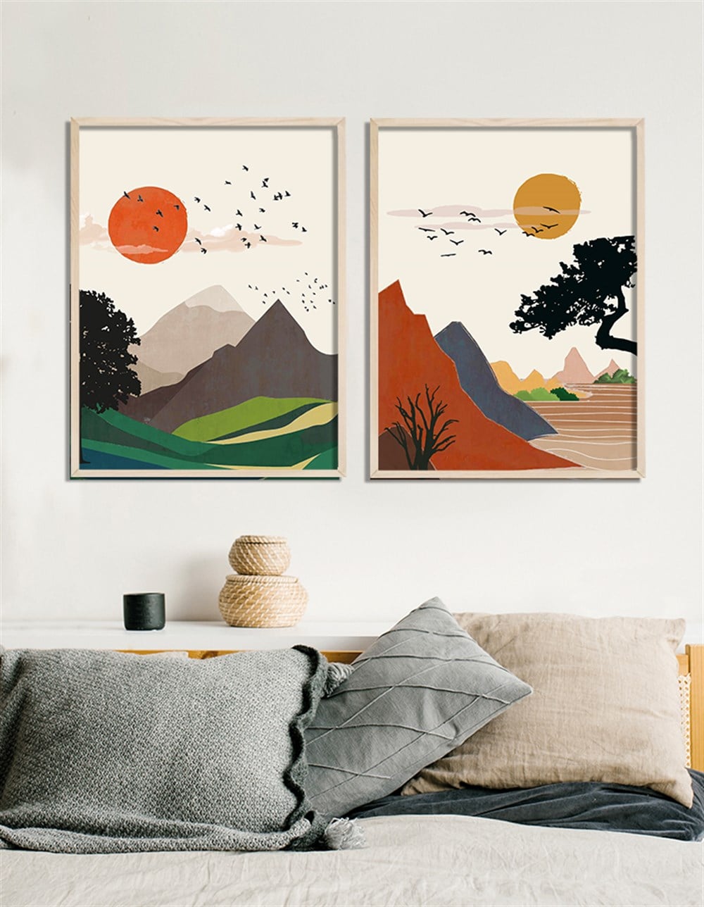 Manzara ve Güneş Çerçeveli Tablo Set 