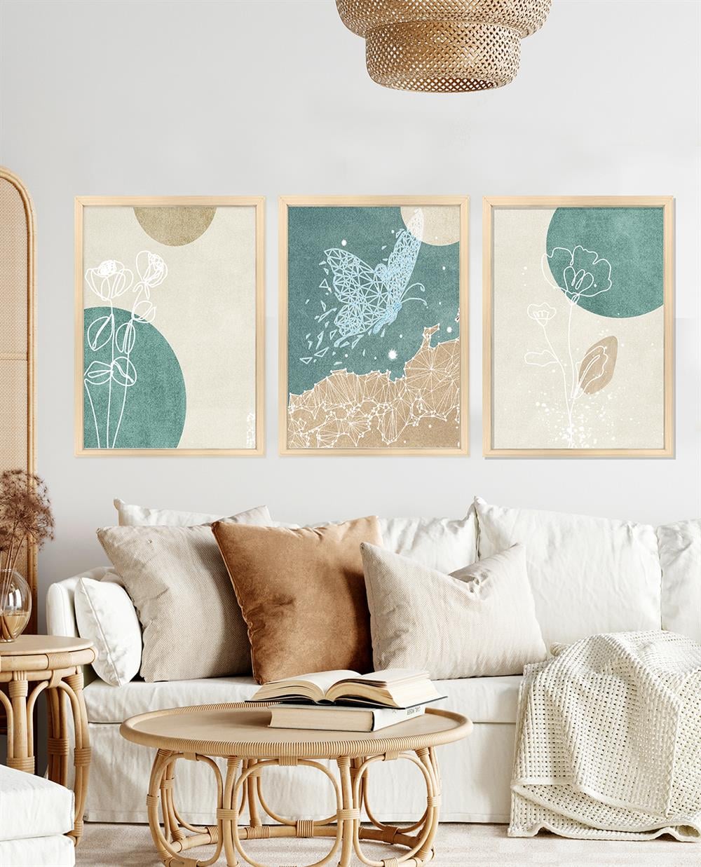 Mint Kelebek ve Çiçekler Çerçeveli Tablo Set