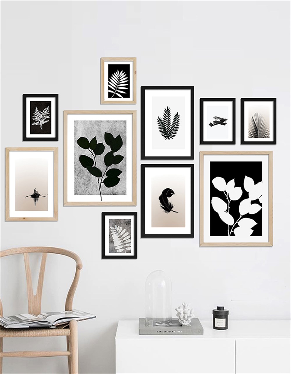 Siyah Beyaz Natural Endüstriyel Çerçeveli Tablo Set 