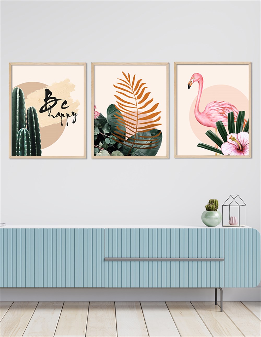 Tropikal Bitkiler ve Flamingo Çerçeveli Tablo Set