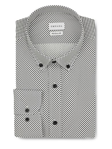 Beyaz Puantiyeli Siyah Regular Fit Print Gömlek