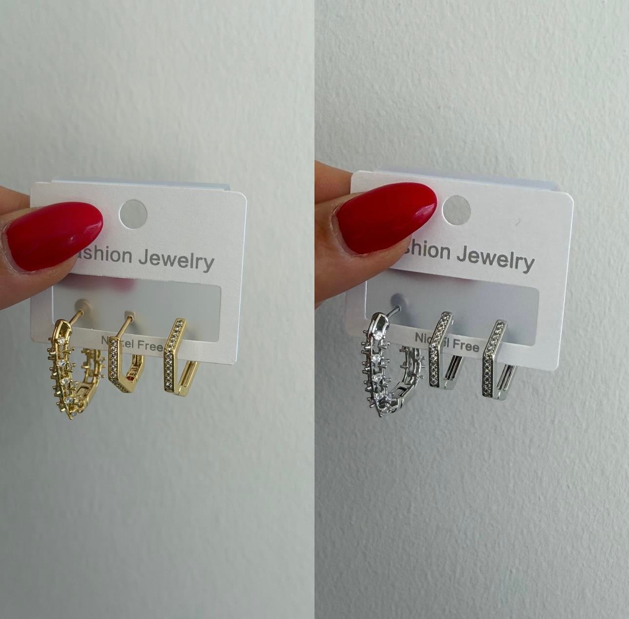 3lü Zirkon Beşgen Küpe Silver
