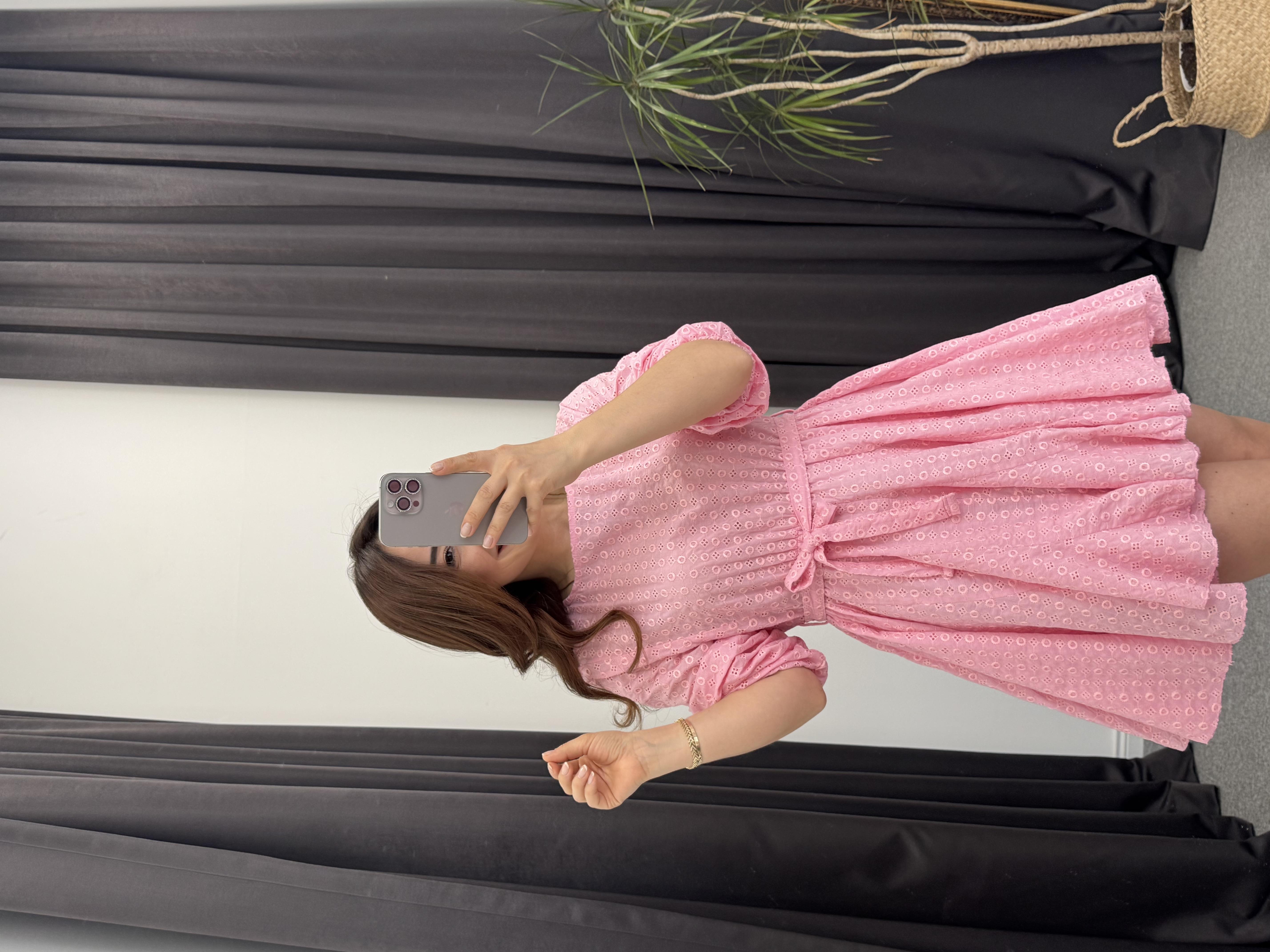 Fisto Beli Lastikli Elbise Pembe