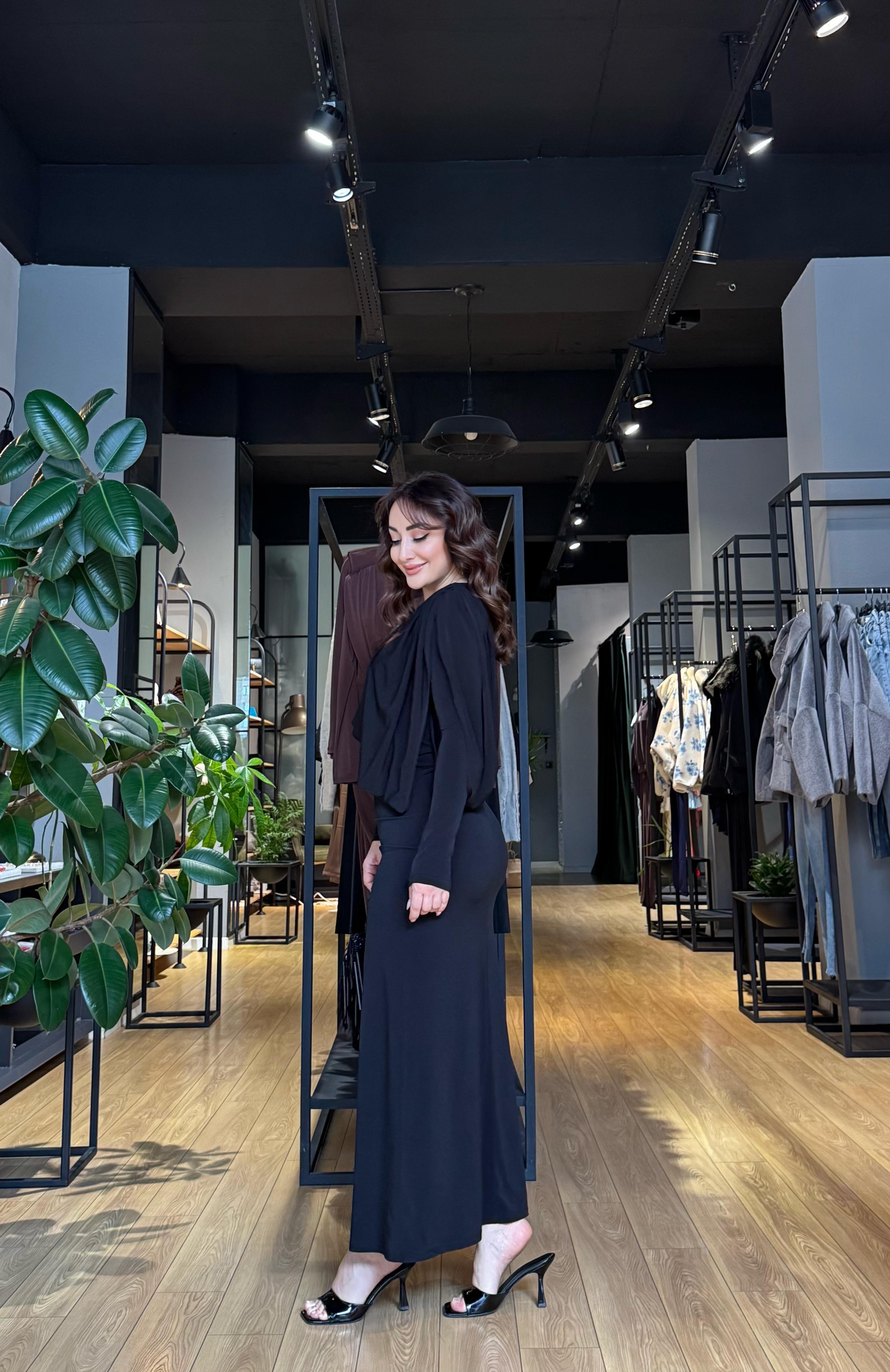 OMUZ BÜZGÜLÜ ELBİSE SİYAH